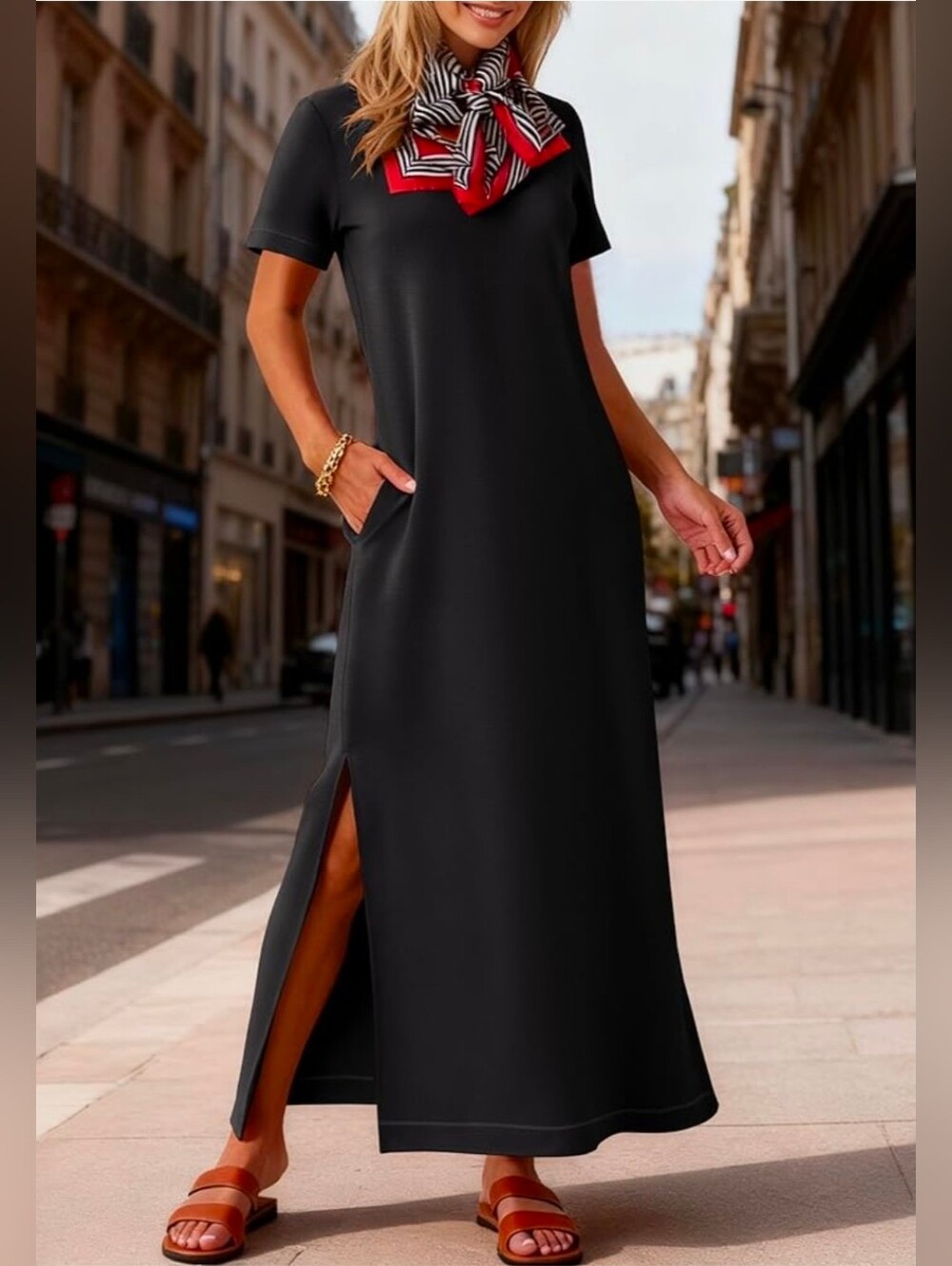NWT Lbisse Casual Black Short-Sleeve Maxi Dress With Side Slit Size L